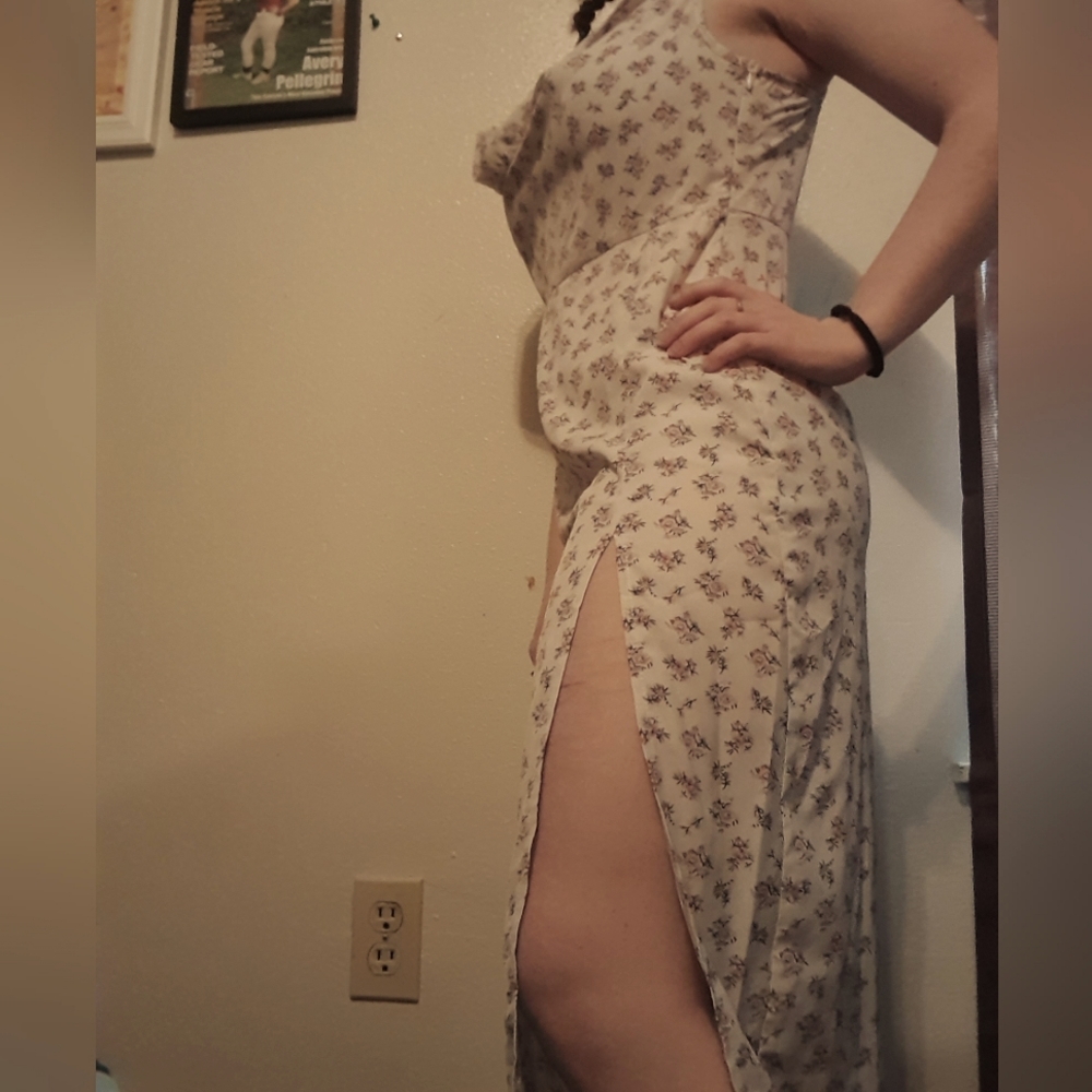 Long, white dress with pink flowers